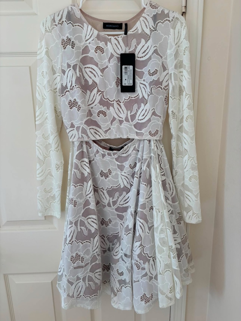 Marciano Ivory Floral Lace Long-Sleeve Dress with Nude Underlay
